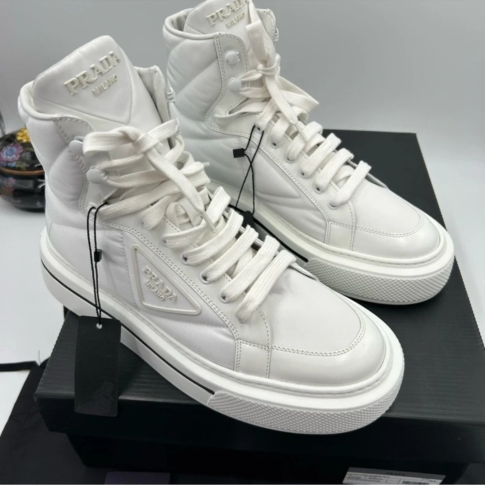 Women’s Prada re-nylon leather hightop sneakers size 39.5 made in Italy